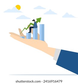 Business support or improvement concept, smart businessman working with computer on growth graph in giant hand, career growth or financial income graph, investment growth, income increase concept.