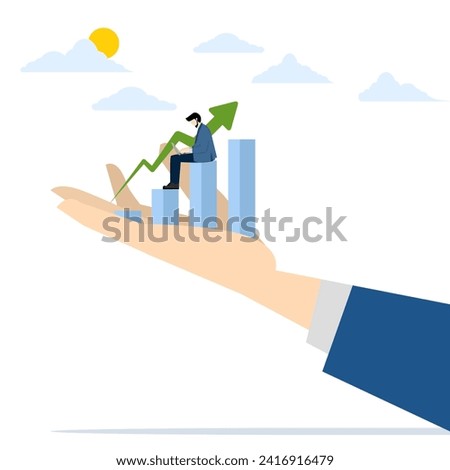 Business support or improvement concept, smart businessman working with computer on growth graph in giant hand, career growth or financial income graph, investment growth, income increase concept.