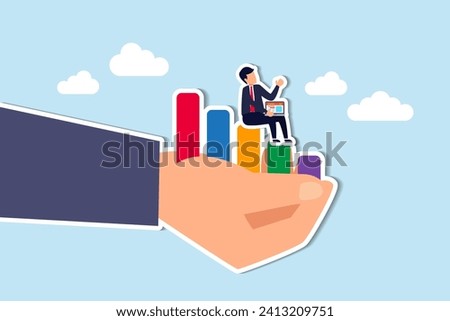 Business support or improvement, growing career or financial earning chart, investment growth, income or rising revenue concept, smart businessman working with computer on growth graph in giant hand.