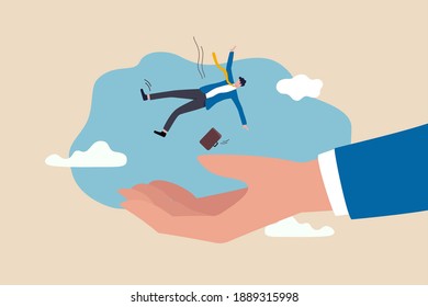 Business support, insurance or emergency money to rescue in economic crisis or investing margin of safety to protect losses concept, businessman investor falling from the sky into a soft helping hand.