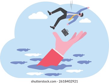 Business support, insurance or emergency money to rescue in economic crisis or investing margin of safety to protect losses concept, businessman investor falling from the sky into a soft helping hand.