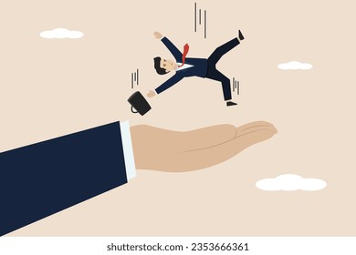 Business support, insurance to save economic crisis or security to protect loss concept, businessman falling from the sky into a gentle helping hand.