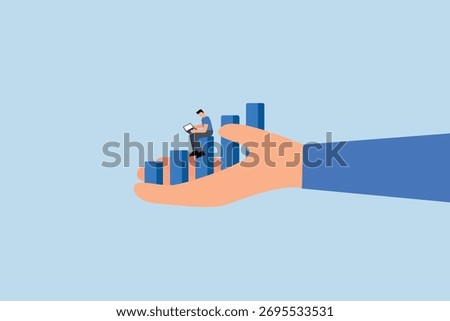 Business support, intelligent entrepreneur using computer on expansion chart in enormous hand
