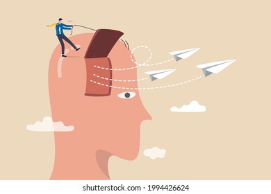 Business support to launch new startup idea, entrepreneurship to start new business, support to free your mind for creative ideas, businessman open his head window to launch paper airplane origami.