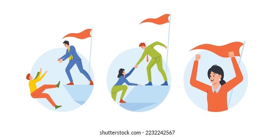 Business Support And Loss Isolated Round Icons or Avatars. Characters Climb The Mountain Top And Fall Down From Rock Edge. Corporate Help, Assistance Or Failure. Cartoon People Vector Illustration