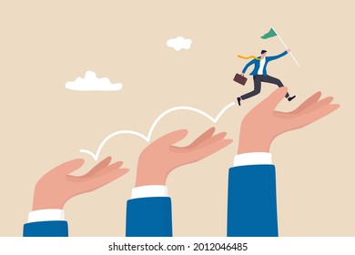 Business support or mentorship to assist employee to success, helping hand or encouragement for teammate to achieve business goal, businessman jumping up giant hand growth ladder to progress target.