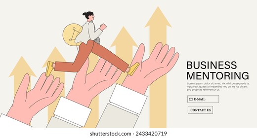 Business support mentorship  employee assistance to success, helping hand or encouragement for teammate in achievig goal, businessman jump up giant hands growth ladder to progress vector illustration.