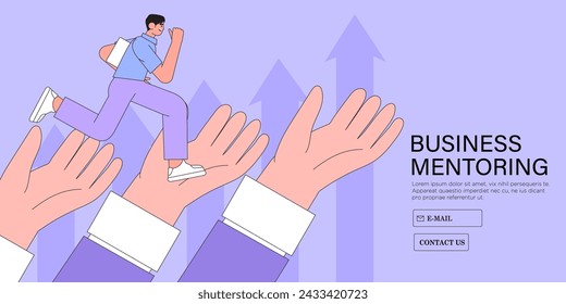 Business support mentorship  employee assistance to success, helping hand or encouragement for teammate in achievig goal, businessman jump up giant hands growth ladder to progress vector illustration.