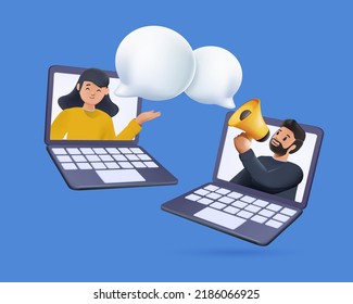 Business support online communication. Online business conference, joint meeting, team thinking and brainstorming. Referral vector illustration. Marketing consumer audience communication service. 3D