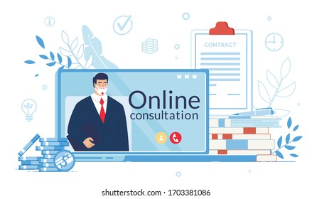 Business Support Online Consultation über Quarantäne. Virtual Assistant, Rechtsanwalt, Unternehmer-Berater in Schutzmaske Festordner auf Laptop-Bildschirm. Münze, Vertragsunterzeichnung. Covid19 Ausbruch