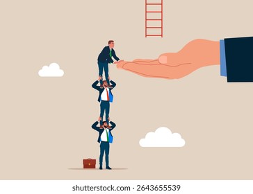 Suporte aos negócios. Empregados de pessoas de negócios segurando uns aos outros em seus ombros. Empresários ajudam a subir a escada do sucesso, para oportunidades de negócios. Ilustração de vetor plano