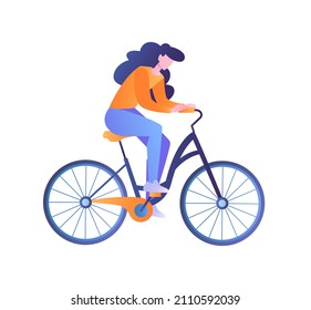 Business support people. Woman on bicycle. Character goes in for sports, cardio training and active lifestyle. City park and nature. Cartoon flat vector illustration isolated on white background