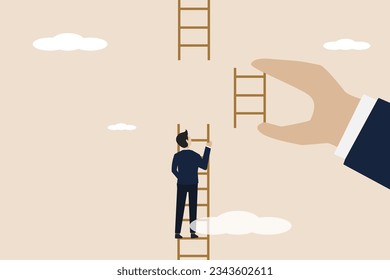 Business support to reach career target or help to climb ladder of success concept, businessman climbing to top of broken ladder with big helping hand to connect higher ladder.