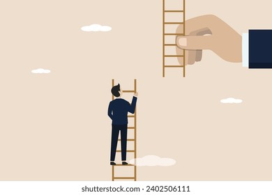 Business support to reach career target or help to climb ladder of success concept, businessman climbing to top of broken ladder with big helping hand to connect higher ladder.