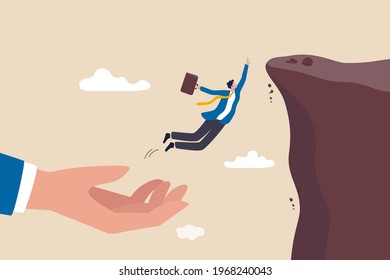 Business support to success, mentorship and motivation to overcome business obstacle, career growth concept, confidence businessman jumping from helping giant hand to reach cliff target.