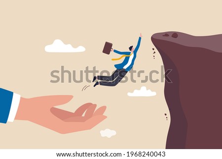 Business support to success, mentorship and motivation to overcome business obstacle, career growth concept, confidence businessman jumping from helping giant hand to reach cliff target.