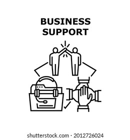 Concepto de icono del vector de soporte empresarial. Asistencia Empresarial Del Equipo Y Socio, Consulta En Línea Del Centro De Llamadas Y Asesoramiento Al Cliente. Trabajador colaborador ayudando a empleados con ilusión negra