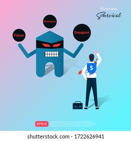 Business survival cartoon concept design. Businessman superhero character fight against fears in business. Power of spirit of change to overcome problems symbol. Vector illustration 