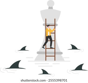 Business survival concept design. Businessman character climbs the chess piece to survive in a crisis situation and is surrounded by a shark symbol. Metaphor vector illustration
