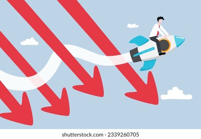 Business survival during recession, overcome difficulty in economic crisis, adaptation of company to cope with situation concept, Businessman riding rocket to avoid down arrows.  