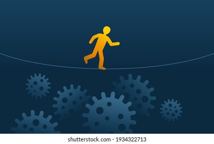 Business survival and obscurity in time of COVID-19 quarantine due to world pandemic - cartoom character silhouette as a ropewalker