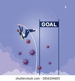 Business to survive in Coronavirus crisis or success solving problem and achieve, Businessman leader jump pole vaulting over Coronavirus pathogen