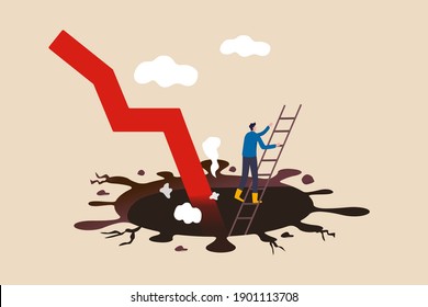 Business to survive in COVID-19 pandemic causing economic recession, survival from Coronavirus crash concept, businessman climb up ladder from deep hole of coronavirus impact with red arrow graph.