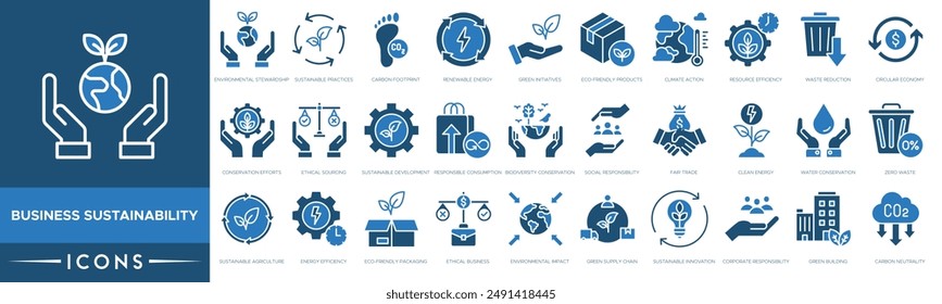 Business Sustainability icon. Environmental Stewardship, Sustainable Practices, Carbon Footprint, Renewable Energy, Green Initiatives, Eco Friendly Products, Climate Action and Resource Efficiency