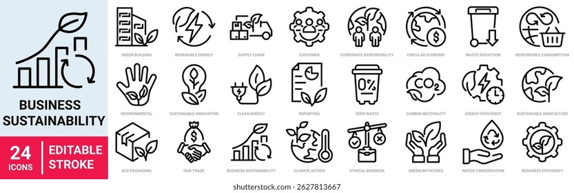 Business Sustainability web line icons. Environmental Stewardship, Sustainable Practices, Carbon Footprint, Renewable Energy, Green Initiatives, Eco Friendly Products.