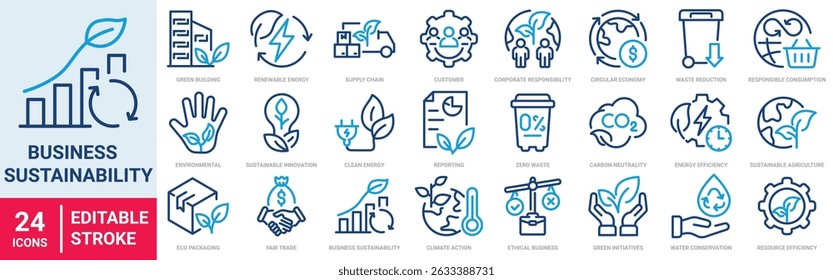 Business Sustainability web line icons. Environmental Stewardship, Sustainable Practices, Carbon Footprint, Renewable Energy, Green Initiatives