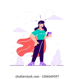 Business symbol of ambition, success, motivation, leadership, courage and challenge. Superhero conceptual illustration. Young female character wearing a superhero cape. Flat vector illustration. 