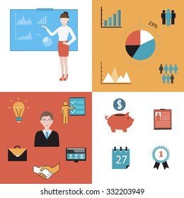 Business symbols and icons: piggy bank, resume, schedule, interest, shaking hands, computer, award, presentation, globe, people, team, light, calendar, businessman, business woman.