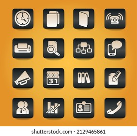 Business symbols on black buttons on yellow background