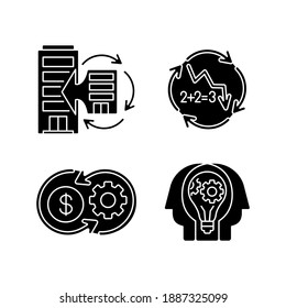 Business synergy black glyph icons set on white space. Corporate expansion. Company merge. Decline in numbers. Decrease in figures. Money flow. Silhouette symbols. Vector isolated illustration