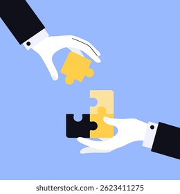 Sinergia de negócios e cooperação - mãos conectando peças de quebra-cabeça, ilustração vetorial simbolizando parceria, resolução de problemas e alinhamento estratégico nos negócios