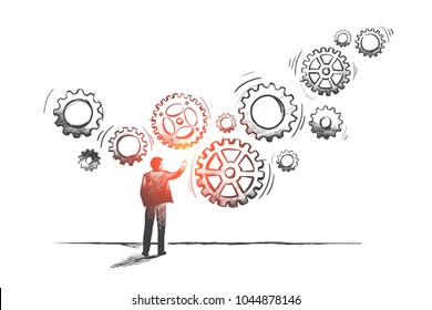 Business system concept. Hand drawn manager builds a business system with gear. Teamwork with gear system isolated vector illustration.