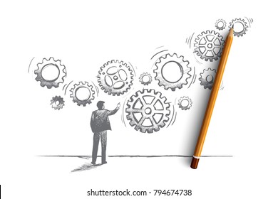 Business system concept. Hand drawn manager builds a business system with gear. Teamwork isolated vector illustration.