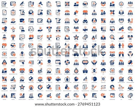 Business systems solid icons set. Representing corporate workflow, legal operations, customer interaction, analytics, hiring and strategic management.