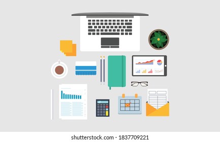 Vista superior de una mesa de negocios. Trabajar en equipo. Objetos sobre una mesa de madera. Cartel. Ilustración plana del vector