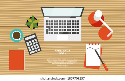 A business table top view. Work in a team. Objects lying on a wooden table. Banner. Vector flat illustration