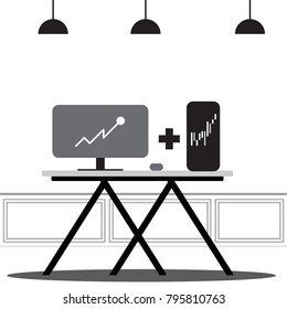 Business table work office desk table computer screen stock market graph phone graph have flower on table luxury wall and lamp.