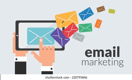 Business Tablet Computer With Email Marketing. Vector Concept For Online Advertising 