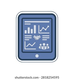 Business tablet icon showing data charts and a handshake isolated on a white background.