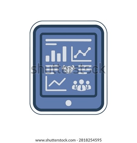 Business tablet icon showing data charts and a handshake isolated on a white background.