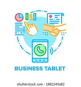 Concepto de icono de vectores de Tablet PC para empresas. Gadget De Tablet Para Llamar A Un Socio Y Comunicarse Con Los Empleados, Firmar Un Contrato E Investigar Un Diagrama Financiero O Una Ilustración De Color De Informes