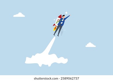 Business takeoff, Entrepreneur with rocket propulsion launching swiftly towards new opportunities. 