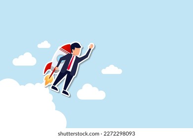 Business takeoff, start new job or boost growing speed to success, ambition, leadership or innovation for advantage concept, businessman with rocket booster takeoff fast flying to new challenge.