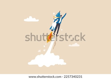 Business takeoff, start new job or boost growing speed to success, ambition, leadership or innovation for advantage concept, businessman with rocket booster takeoff fast flying to new challenge.