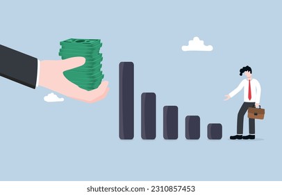 Business takeover, merger and acquisition, selling bad business to big company concept, Big businessman hand offer money to poor company owner.