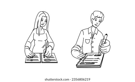 business taking notes vector. woman notebook, table person, pencil desk business taking notes character. people black line illustration